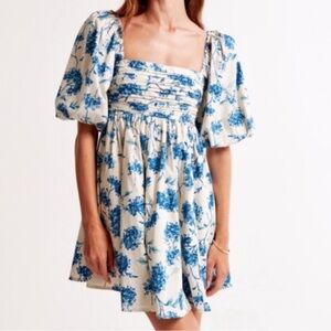 Abercrombie & Fitch Emerson Poplin Puff Sleeve Mini Dress Blue Floral Sz M Tall